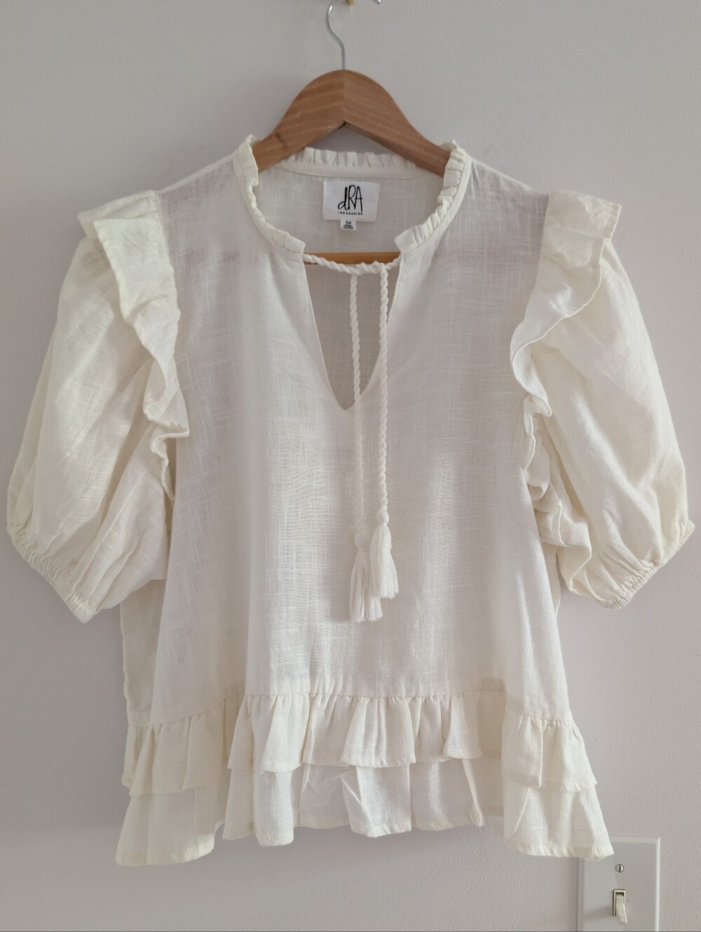 100% Cotton Cream Ruffle Peasant Blouse with Tassel Tie